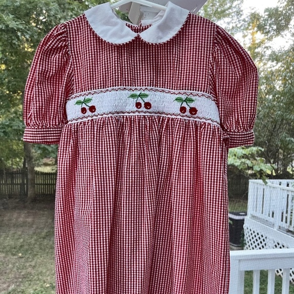 Beautiful Smocked Red and White Gingham Classic Dress with Cherries - Picture 1 of 6